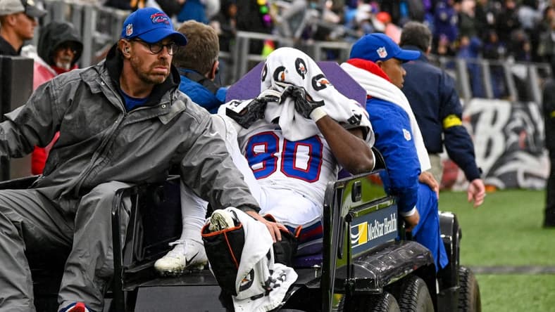 Oct 2, 2022; Baltimore, Maryland, USA; Buffalo Bills wide receiver Jamison Crowder (80) is carted off the field during the third quarter against the Baltimore Ravens at M&T Bank Stadium. Mandatory Credit: Tommy Gilligan-USA TODAY Sports