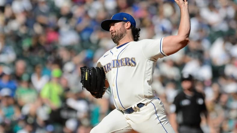 Oct 2, 2022; Seattle, Washington, USA; Seattle Mariners starting pitcher Robbie Ray (38) pitches to the Oakland Athletics during the first inning at T-Mobile Park. Mandatory Credit: Steven Bisig-USA TODAY Sports