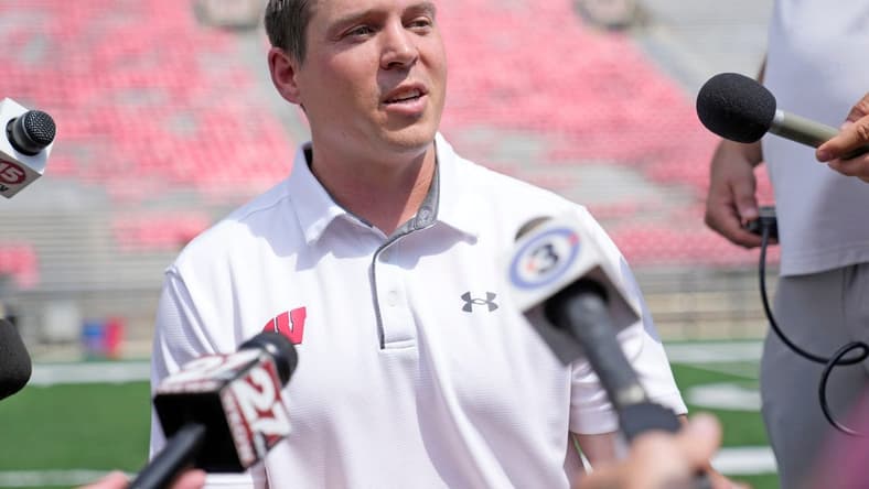 Wisconsin Badgers defensive coordinator coach Jim Leonhard was named interim head coach after Paul Chryst was fired Sunday.

Badgers Media Day 0577