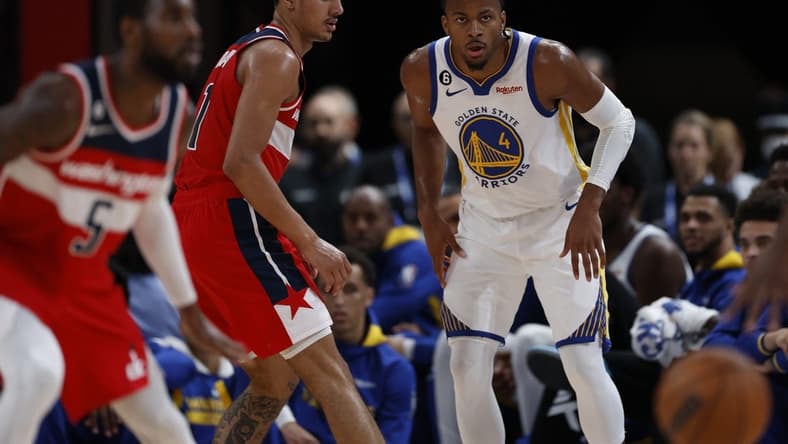 Oct 2, 2022; Saitama, JPN; Golden State Warriors forward Draymond Green (23) watches the ball against the Washington Wizards in the second quarter at Saitama Super Arena. Mandatory Credit: Yukihito Taguchi-USA TODAY Sports