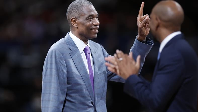 Oct 2, 2022; Saitama, JPN; Dikembe Mutombo gestures as he is introduced after the first quarter at Saitama Super Arena. Mandatory Credit: Yukihito Taguchi-USA TODAY Sports