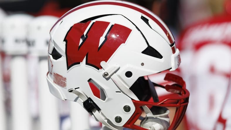 Oct 1, 2022; Madison, Wisconsin, USA; A Wisconsin Badgers helmet during the game against the Illinois Fighting Illini at Camp Randall Stadium. Mandatory Credit: Jeff Hanisch-USA TODAY Sports