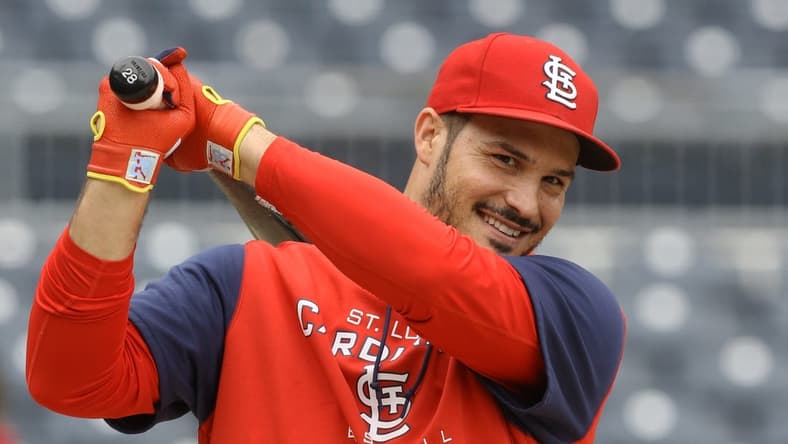 Oct 3, 2022; Pittsburgh, Pennsylvania, USA;  St. Louis Cardinals third baseman Nolan Arenado (28) at the batting cage before the game against the Pittsburgh Pirates at PNC Park. Mandatory Credit: Charles LeClaire-USA TODAY Sports