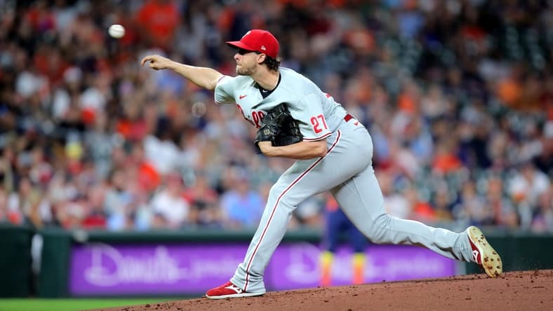 Oct 3, 2022; Houston, Texas, USA; Philadelphia Phillies starting pitcher Aaron Nola (27) delivers a pitch against the Houston Astros during the first inning at Minute Maid Park. Mandatory Credit: Erik Williams-USA TODAY Sports