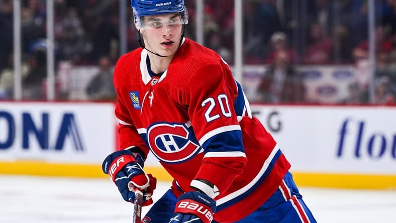 Oct 3, 2022; Montreal, Quebec, CAN; Montreal Canadiens left wing Juraj Slafkovsky (20) looks towards his left during the second period at Bell Centre. Mandatory Credit: David Kirouac-USA TODAY Sports