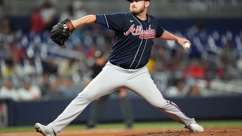 Oct 3, 2022; Miami, Florida, USA; Atlanta Braves relief pitcher Tyler Matzek (68) delivers in the sixth inning against the Miami Marlins at loanDepot Park. Mandatory Credit: Jim Rassol-USA TODAY Sports