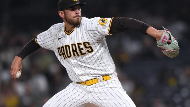Oct 3, 2022; San Diego, California, USA; San Diego Padres starting pitcher Joe Musgrove (44) throws a pitch against the San Francisco Giants during the first inning at Petco Park. Mandatory Credit: Orlando Ramirez-USA TODAY Sports