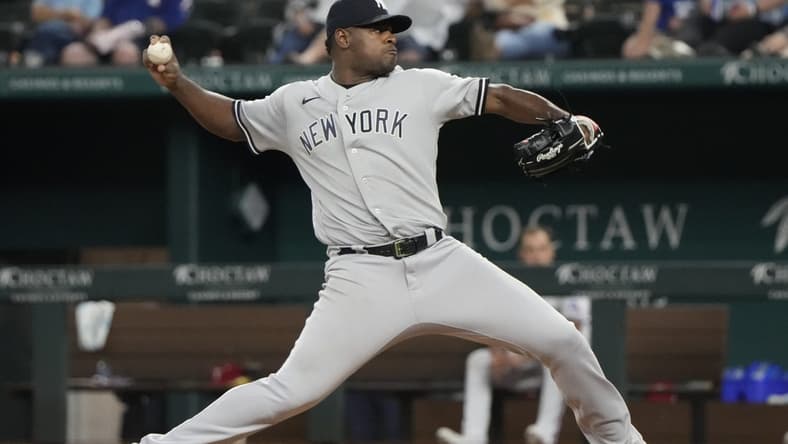 Oct 3, 2022; Arlington, Texas, USA; New York Yankees starting pitcher Luis Severino (40) delivers a pitch to the Texas Rangers during the seventh inning at Globe Life Field. The Yankees won 3-1. Mandatory Credit: Jim Cowsert-USA TODAY Sports