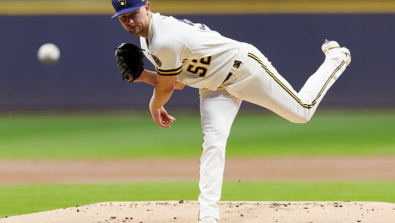 Oct 4, 2022; Milwaukee, Wisconsin, USA; Milwaukee Brewers pitcher Eric Lauer (52) throws a pitch during the first inning against the Arizona Diamondbacks at American Family Field. Mandatory Credit: Jeff Hanisch-USA TODAY Sports