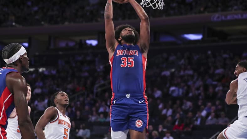Oct 4, 2022; New York, New York, USA;  Detroit Pistons forward Marvin Bagley III (35) goes up for a dunk in the second quarter against the New York Knicks at Madison Square Garden. Mandatory Credit: Wendell Cruz-USA TODAY Sports