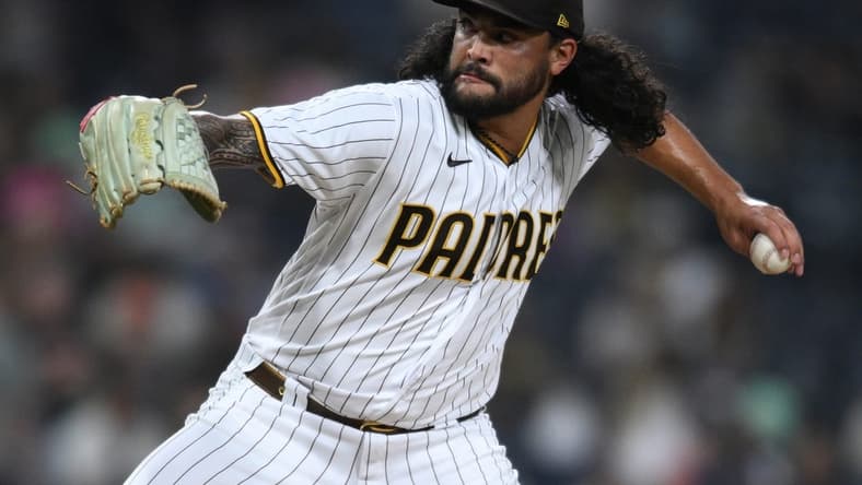 Oct 4, 2022; San Diego, California, USA; San Diego Padres starting pitcher Sean Manaea (55) throws a pitch against the San Francisco Giants during the first inning at Petco Park. Mandatory Credit: Orlando Ramirez-USA TODAY Sports