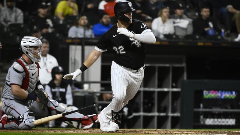 Oct 4, 2022; Chicago, Illinois, USA; Chicago White Sox right fielder Gavin Sheets (32) hits a two run single against the Minnesota Twins during the third inning at Guaranteed Rate Field. Mandatory Credit: Matt Marton-USA TODAY Sports