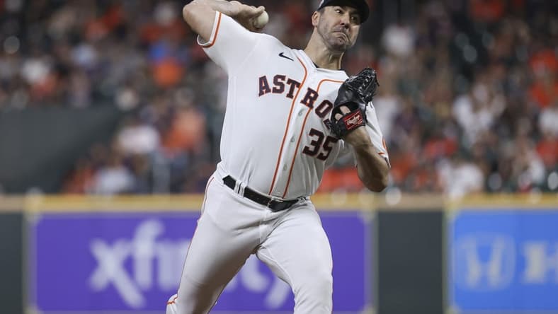 Oct 4, 2022; Houston, Texas, USA; Houston Astros starting pitcher Justin Verlander (35) delivers a pitch during the fourth inning against the Philadelphia Phillies at Minute Maid Park. Mandatory Credit: Troy Taormina-USA TODAY Sports