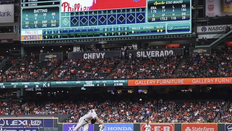 Oct 4, 2022; Houston, Texas, USA; Houston Astros starting pitcher Justin Verlander (35) delivers a pitch during the fourth inning against the Philadelphia Phillies at Minute Maid Park. Mandatory Credit: Troy Taormina-USA TODAY Sports