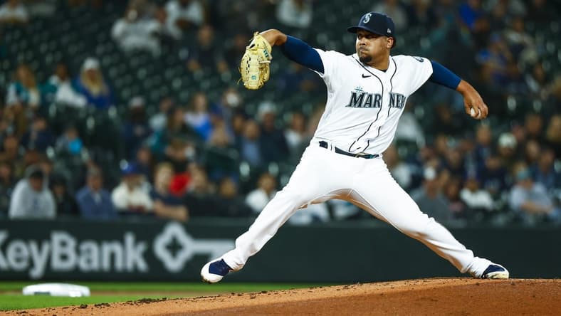 Oct 4, 2022; Seattle, Washington, USA; Seattle Mariners starting pitcher Justus Sheffield (33) throws against the Detroit Tigers during the first inning at T-Mobile Park. Mandatory Credit: Joe Nicholson-USA TODAY Sports