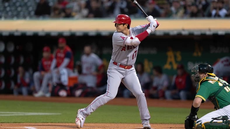 Oct 4, 2022; Oakland, California, USA; Los Angeles Angels starting pitcher Shohei Ohtani (17) bats during the first inning against the Oakland Athletics at RingCentral Coliseum. Mandatory Credit: Stan Szeto-USA TODAY Sports