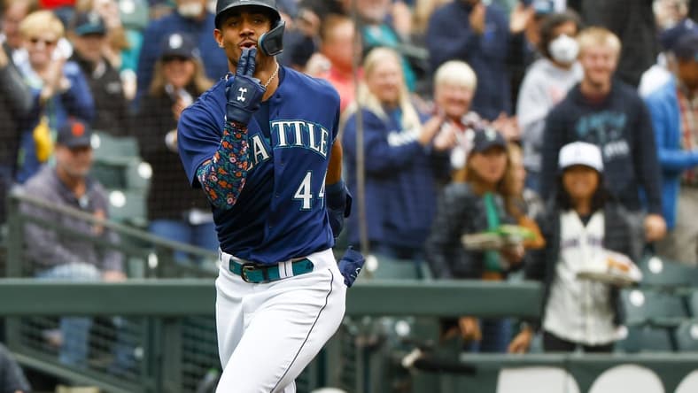 Oct 5, 2022; Seattle, Washington, USA; Seattle Mariners center fielder Julio Rodriguez (44) celebrates while running the bases after hitting a solo-home run against the Detroit Tigers during the first inning at T-Mobile Park. Mandatory Credit: Joe Nicholson-USA TODAY Sports