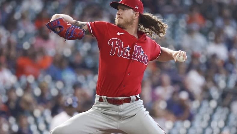 Oct 5, 2022; Houston, Texas, USA; Philadelphia Phillies starting pitcher Bailey Falter (70) delivers a pitch during the first inning against the Houston Astros at Minute Maid Park. Mandatory Credit: Troy Taormina-USA TODAY Sports