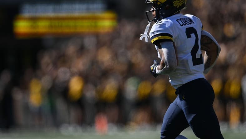 Oct 1, 2022; Iowa City, Iowa, USA; Michigan Wolverines running back Blake Corum (2) in action against the Iowa Hawkeyes at Kinnick Stadium. Mandatory Credit: Jeffrey Becker-USA TODAY Sports