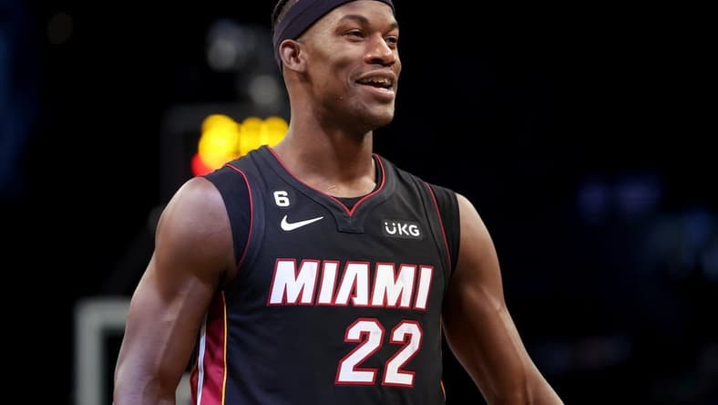 Oct 6, 2022; Brooklyn, New York, USA; Miami Heat forward Jimmy Butler (22) reacts during the second quarter against the Brooklyn Nets at Barclays Center. Mandatory Credit: Brad Penner-USA TODAY Sports