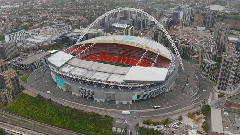 Oct 5, 2022; London, United Kingdom; A general overall aerial view of Wembley Stadium. The venue will play host to the 2022 NFL London Game between the Denver Broncos and the Jacksonville Jaguars. Mandatory Credit: Kirby Lee-USA TODAY Sports