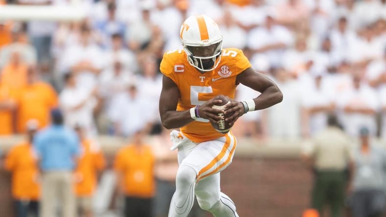 Tennessee quarterback Hendon Hooker (5) scrambles with the ball during an NCAA college football game against Florida on Saturday, September 24, 2022 in Knoxville, Tenn.
Utvflorida0924