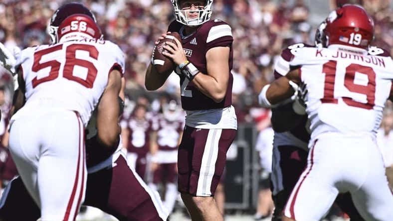 Oct 8, 2022; Starkville, Mississippi, USA;Mississippi State Bulldogs quarterback Will Rogers (2) looks to pass against the Arkansas Razorbacks during the first quarter at Davis Wade Stadium at Scott Field. Mandatory Credit: Matt Bush-USA TODAY Sports