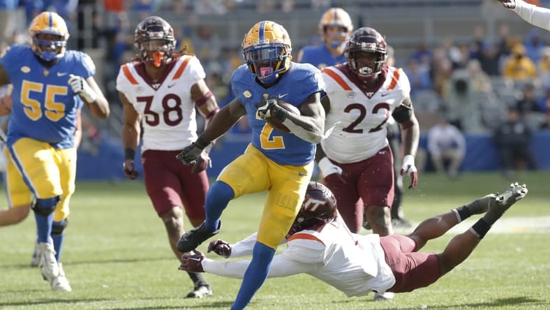 Oct 8, 2022; Pittsburgh, Pennsylvania, USA;  Pittsburgh Panthers running back Israel Abanikanda (2) runs to score a touchdown against the Virginia Tech Hokies during the first quarter at Acrisure Stadium. Mandatory Credit: Charles LeClaire-USA TODAY Sports