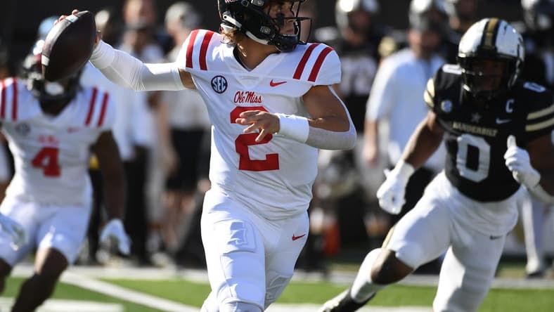 Oct 8, 2022; Nashville, Tennessee, USA; Mississippi Rebels quarterback Jaxson Dart (2) attempts a pass during the first half against the Vanderbilt Commodores at FirstBank Stadium. Mandatory Credit: Christopher Hanewinckel-USA TODAY Sports