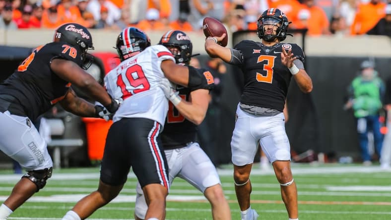 Oklahoma State's Spencer Sanders (3) throws the ball in the first quarter during a college football game between the Oklahoma State Cowboys and the Texas Tech Red Raiders at Boone Pickens Stadium in Stillwater, Okla., Saturday, Oct. 8, 2022.

Osu Vs Texas Tech