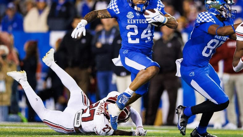 Oct 8, 2022; Lexington, Kentucky, USA; Kentucky Wildcats running back Chris Rodriguez Jr. (24) runs the ball during the first quarter against the South Carolina Gamecocks at Kroger Field. Mandatory Credit: Jordan Prather-USA TODAY Sports