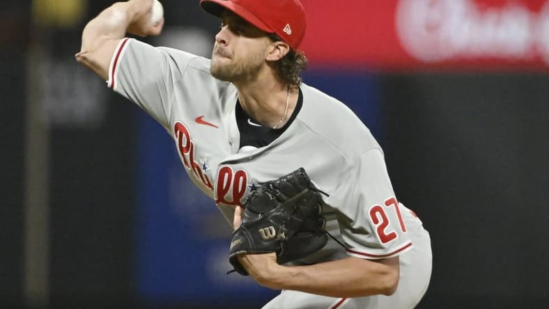 Oct 8, 2022; St. Louis, Missouri, USA; Philadelphia Phillies starting pitcher Aaron Nola (27) throws a pitch in the first inning against the St. Louis Cardinals during game two of the Wild Card series for the 2022 MLB Playoffs at Busch Stadium. Mandatory Credit: Jeff Curry-USA TODAY Sports
