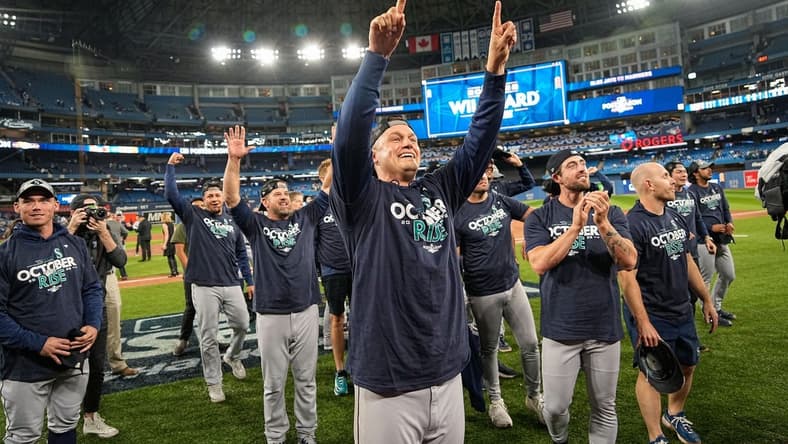Oct 8, 2022; Toronto, Ontario, CAN; Seattle Mariners relief pitcher Paul Sewald (37) celebrates after the game against the Toronto Blue Jays in game two of the Wild Card series for the 2022 MLB Playoffs at Rogers Centre. Mandatory Credit: John E. Sokolowski-USA TODAY Sports