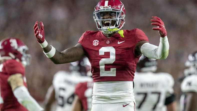 Oct 8, 2022; Tuscaloosa, Alabama, USA; Alabama Crimson Tide defensive back DeMarcco Hellams (2) reacts during the second half against the Texas A&M Aggies at Bryant-Denny Stadium. Mandatory Credit: Marvin Gentry-USA TODAY Sports