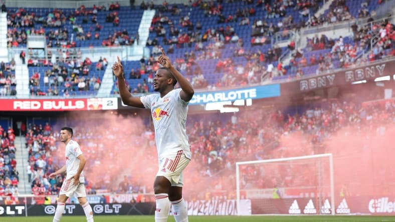Oct 9, 2022; Harrison, New Jersey, USA;  New York Red Bulls forward Elias Manoel Alves de Paula (11) celebrates his second goal against the Charlotte FC during second half at Red Bull Arena. Mandatory Credit: Vincent Carchietta-USA TODAY Sports