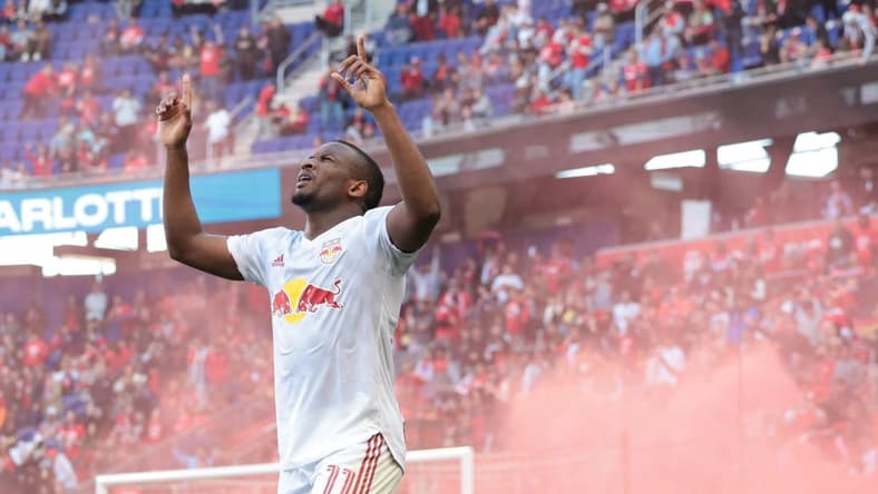Oct 9, 2022; Harrison, New Jersey, USA;  New York Red Bulls forward Elias Manoel Alves de Paula (11) celebrates his second goal against the Charlotte FC during second half at Red Bull Arena. Mandatory Credit: Vincent Carchietta-USA TODAY Sports