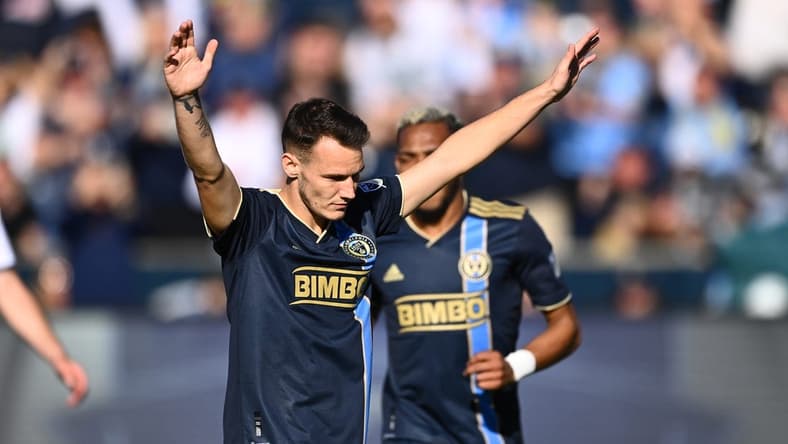 Oct 9, 2022; Philadelphia, Pennsylvania, USA; Philadelphia Union midfielder Daniel Gazdag (6) reacts after scoring a goal against Toronto FC in the second half at Subaru Park. Mandatory Credit: Kyle Ross-USA TODAY Sports