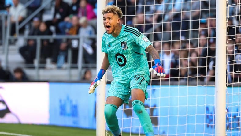Oct 9, 2022; Saint Paul, Minnesota, USA; Minnesota United goalkeeper Dayne St. Clair (97) reacts against the Vancouver Whitecaps during the first half at Allianz Field. Mandatory Credit: Matt Krohn-USA TODAY Sports