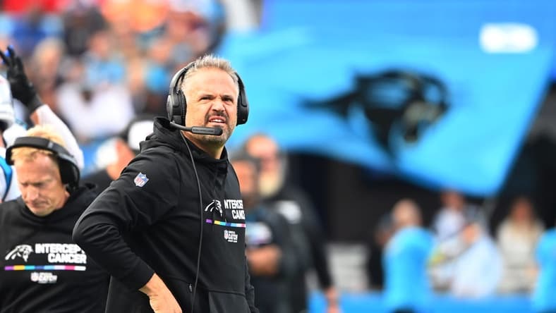 Oct 9, 2022; Charlotte, North Carolina, USA; Carolina Panthers head coach Matt Rhule on the sidelines in the third quarter at Bank of America Stadium. Mandatory Credit: Bob Donnan-USA TODAY Sports