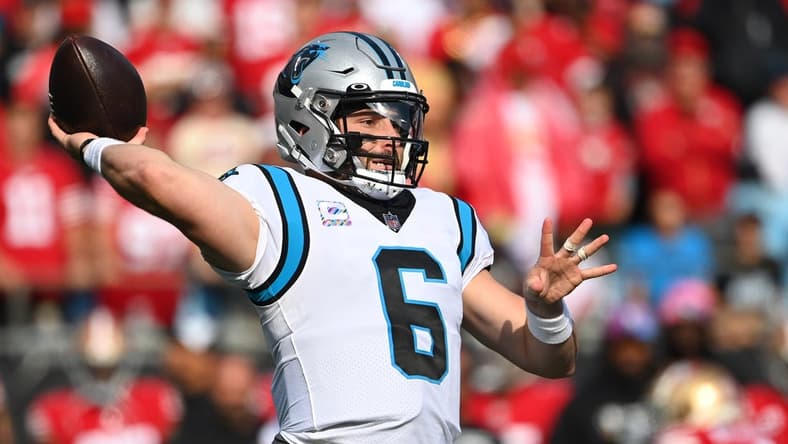 Oct 9, 2022; Charlotte, North Carolina, USA; Carolina Panthers quarterback Baker Mayfield (6) passes the ball in the first quarter at Bank of America Stadium. Mandatory Credit: Bob Donnan-USA TODAY Sports