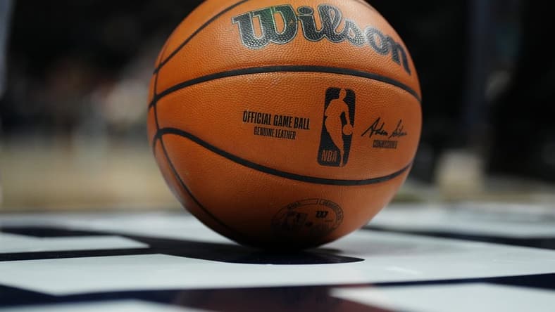 Oct 10, 2022; Denver, Colorado, USA; Detailed view of a NBA Wilson basketball on the court of Ball Arena during the game between the Phoenix Suns against the Denver Nuggets. Mandatory Credit: Ron Chenoy-USA TODAY Sports
