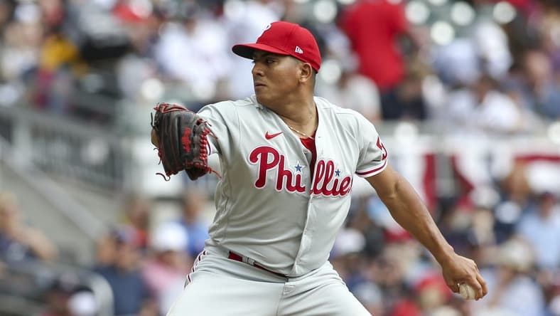 Oct 11, 2022; Atlanta, Georgia, USA; Philadelphia Phillies starting pitcher Ranger Suarez (55) throws against the Atlanta Braves in the first inning during game one of the NLDS for the 2022 MLB Playoffs at Truist Park. Mandatory Credit: Brett Davis-USA TODAY Sports