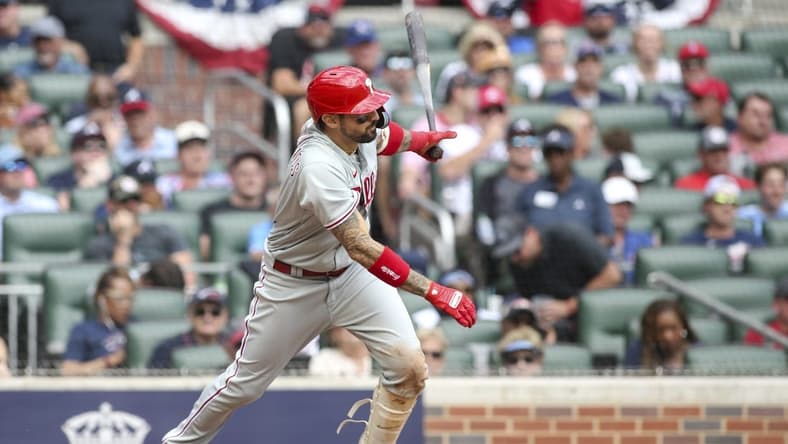 Oct 11, 2022; Atlanta, Georgia, USA; Philadelphia Phillies right fielder Nick Castellanos (8) hits a two-run single against the Atlanta Braves in the fourth inning during game one of the NLDS for the 2022 MLB Playoffs at Truist Park. Mandatory Credit: Brett Davis-USA TODAY Sports
