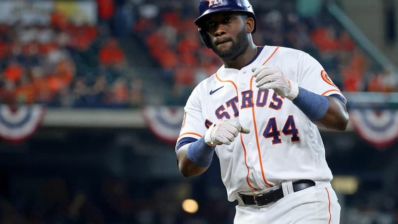 Oct 11, 2022; Houston, Texas, USA; Houston Astros designated hitter Yordan Alvarez (44) reacts after hitting a single against the Seattle Mariners during the eighth inning in game one of the ALDS for the 2022 MLB Playoffs at Minute Maid Park. Mandatory Credit: Troy Taormina-USA TODAY Sports