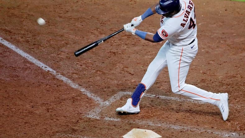 Oct 11, 2022; Houston, Texas, USA; Houston Astros designated hitter Yordan Alvarez (44) hits a walk-off three-run home run against the Seattle Mariners during game one of the ALDS for the 2022 MLB Playoffs at Minute Maid Park. Mandatory Credit: Erik Williams-USA TODAY Sports