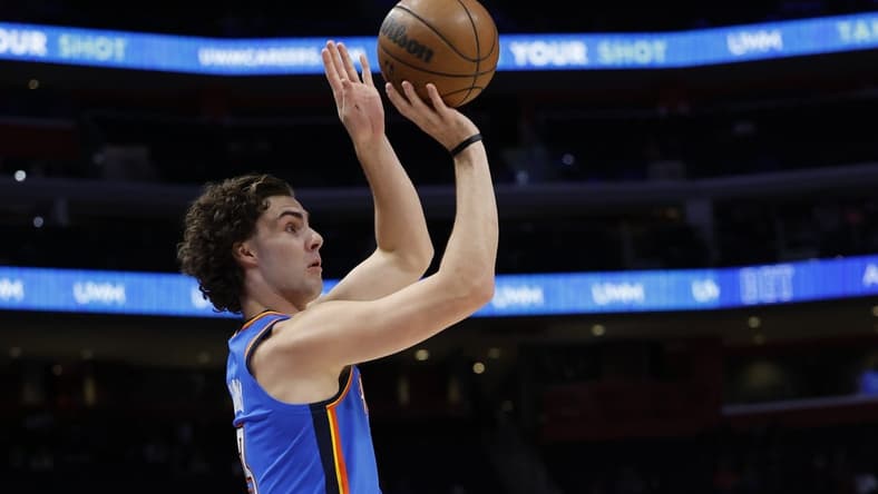Oct 11, 2022; Detroit, Michigan, USA; Oklahoma City Thunder guard Josh Giddey (3) shoots in the first half against the Detroit Pistons at Little Caesars Arena. Mandatory Credit: Rick Osentoski-USA TODAY Sports