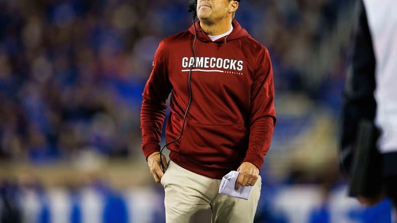 Oct 8, 2022; Lexington, Kentucky, USA; South Carolina Gamecocks head coach Shane Beamer looks on during the third quarter against the Kentucky Wildcats at Kroger Field. Mandatory Credit: Jordan Prather-USA TODAY Sports