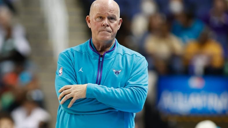 Oct 7, 2022; Greensboro, North Carolina, USA; Charlotte Hornets coach Steve Clifford watches his team play the Boston Celtics in the second half at Greensboro Coliseum Complex. The Boston Celtics won the preseason game 112-103. Mandatory Credit: Nell Redmond-USA TODAY Sports