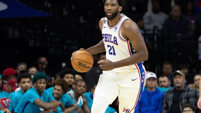 Oct 12, 2022; Philadelphia, Pennsylvania, USA; Philadelphia 76ers center Joel Embiid (21) in action against the Charlotte Hornets during the second quarter at Wells Fargo Center. Mandatory Credit: Bill Streicher-USA TODAY Sports