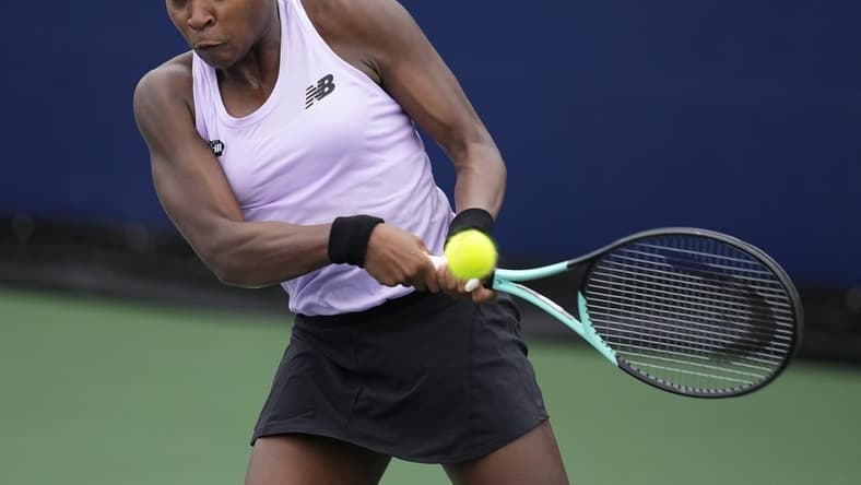 Oct 13, 2022; San Diego, California, US;  Coco Gauff of the United States hits the ball against Bianca Andreescu of Canada during the San Diego Open at Barnes Tennis Center. Mandatory Credit: Ray Acevedo-USA TODAY Sports